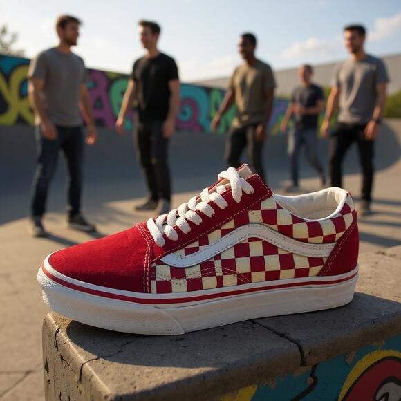 VANS Old Skool Low Checkerboard Lace Up Racing Red White Mens 7.5 Womens 9 - Picture 1 of 8